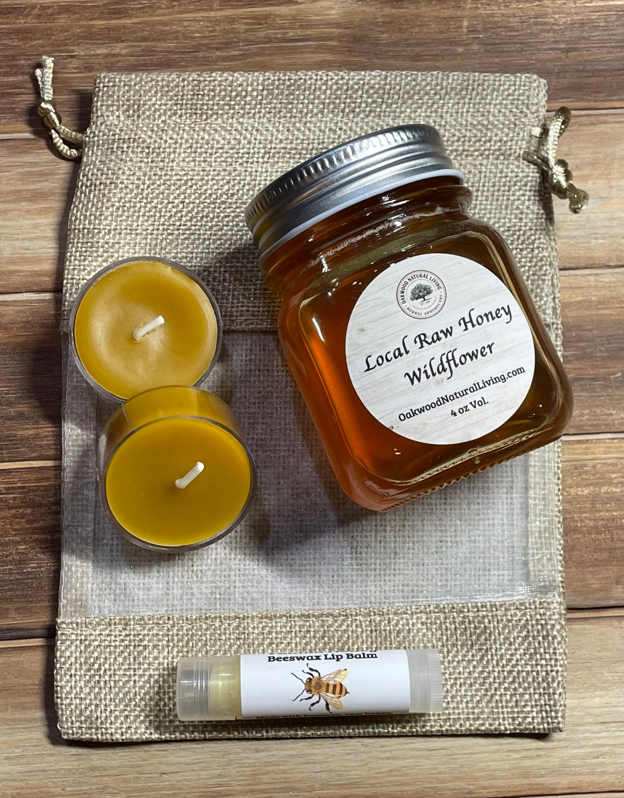 Honey Gift Basket. Raw Honey, 100% Beeswax Candle, Handcrafted Lip