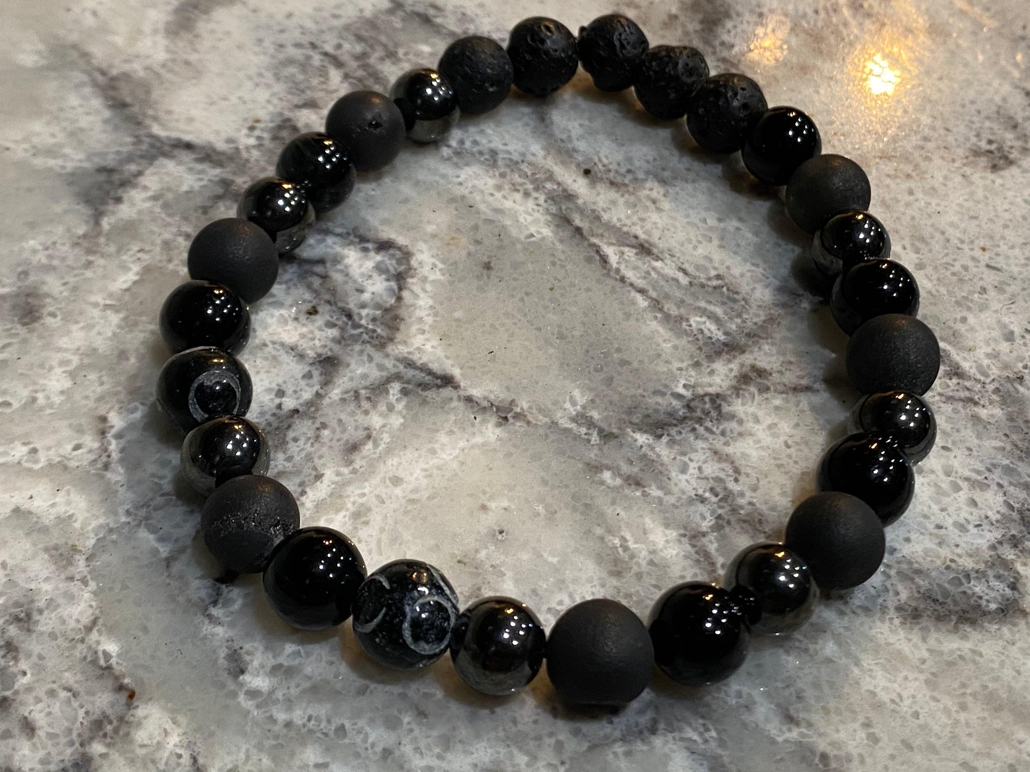 Chakra Stretch Bracelet | 6mm Beads, Sterling Silver Spacers | Men/Women (Black Tourmaline) Medium